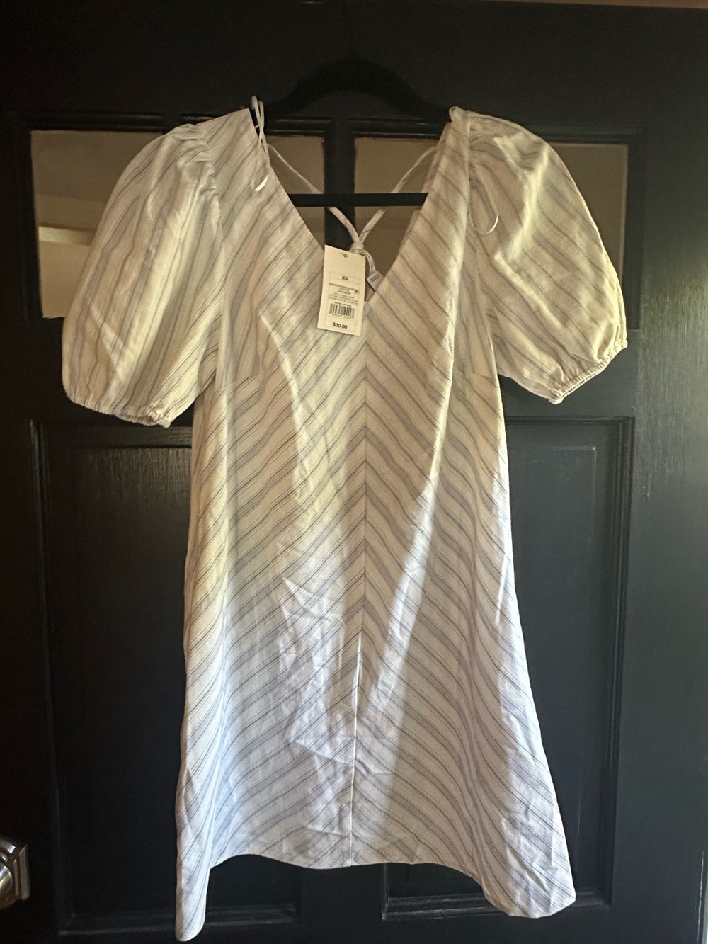 White and Light Blue Striped Puff-Sleeve Mini Dress